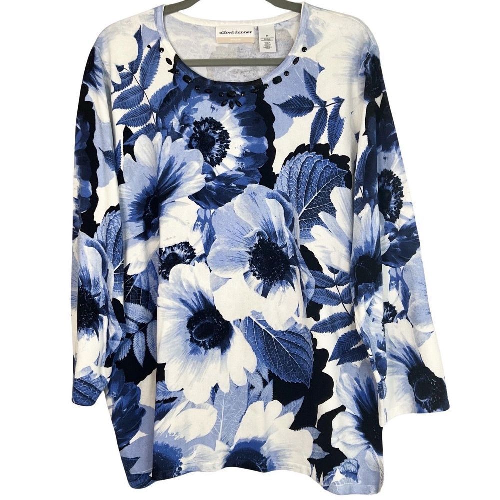 Alfred Dunner NWT Blue White Floral Long Sleeve Sweater Womens Plus Size 2X